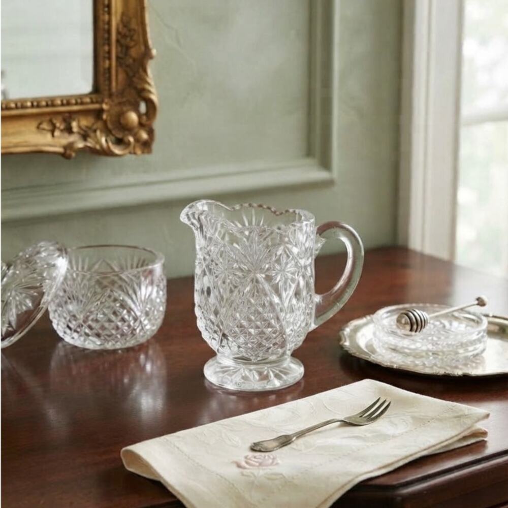 Antique EAPG Clear Pressed Glass Creamer Syrup Pitcher Scalloped Rim Fan Diamond